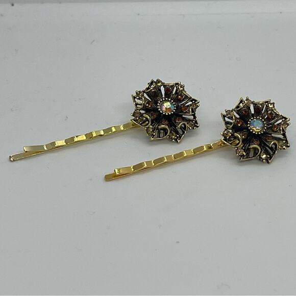 Handmade Amber Brown Rhinestone Set Hair Clips HoCo Wedding Fairy Jewelry NWT - Picture 3 of 6